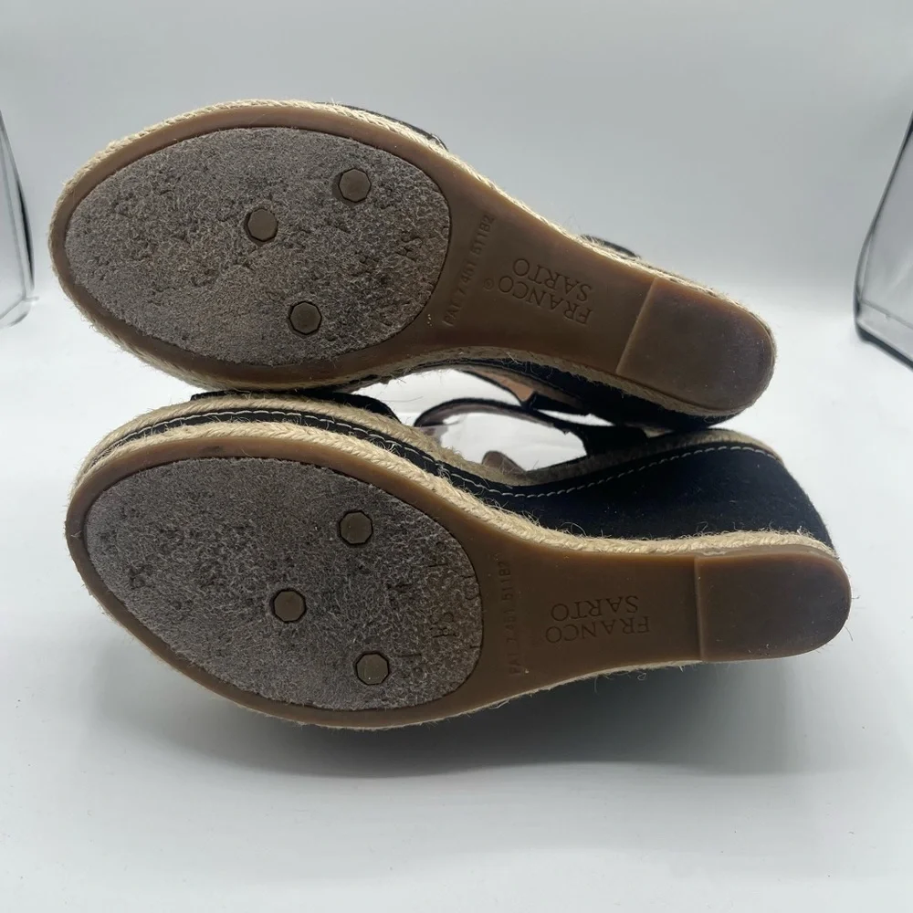 Franco Sarto Black Canvas Wedge Sandals, T strap, buckle side closure size 6.5